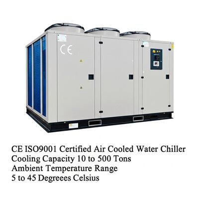 Enfriador de agua enfriado por aire certificado CE ISO9001 Capacidad de enfriamiento de 10 a 500 toneladas Rango de temperatura ambiente de 5 a 45 grados Celsius